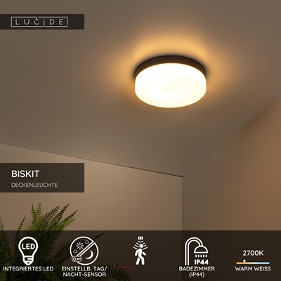 Lucide BISKIT - Deckenleuchte Badezimmer - Ø 28 cm - LED - 1x18W 2700K - IP44 - Bewegungssensor - Schwarz